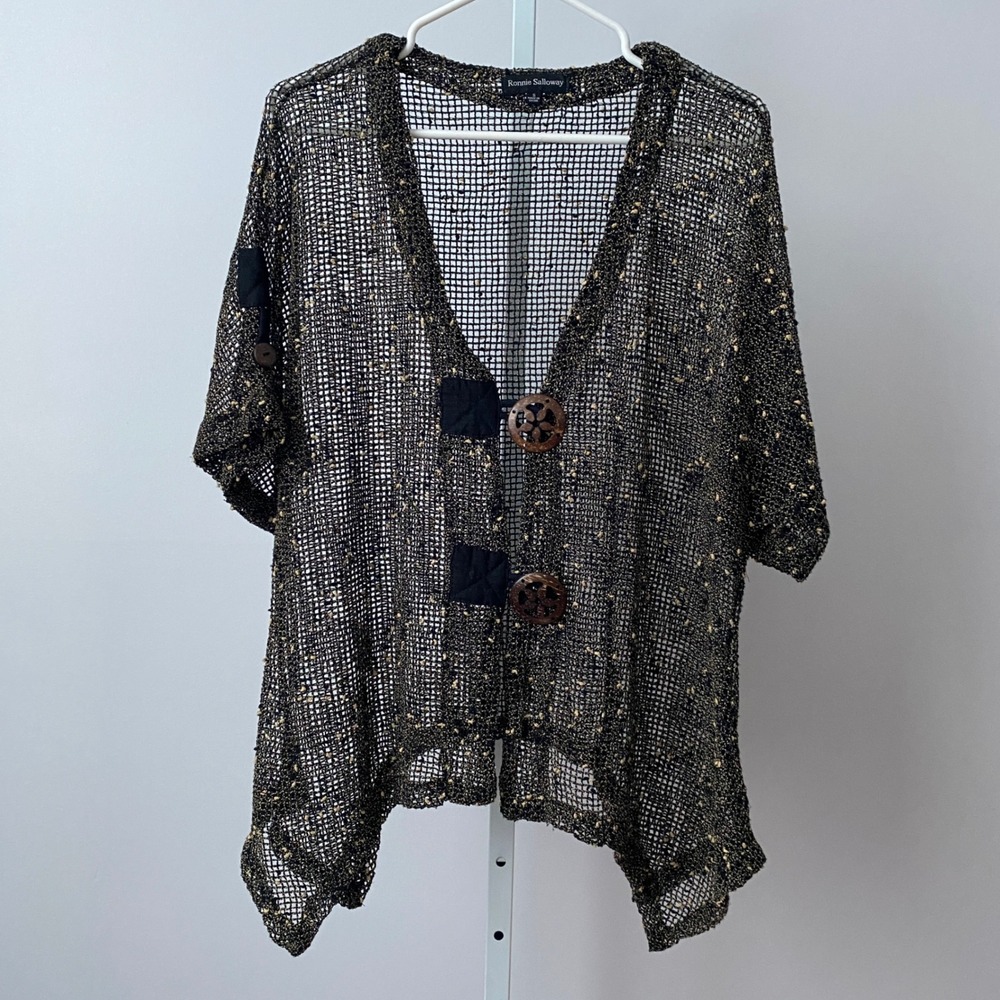 Ronnie Salloway Cotton Lagenlook Boho Mesh Knit Cardigan S Black Gold